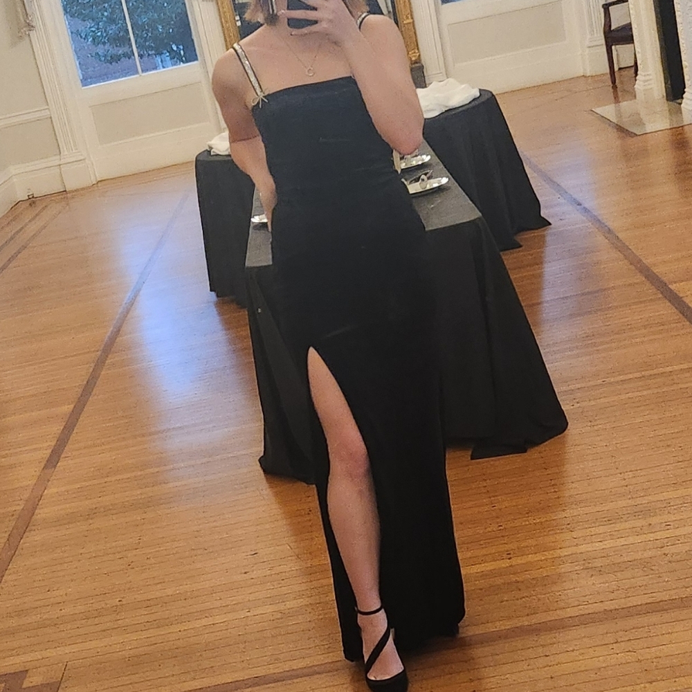 Crystal Doll Black Strapless Dress with Slit